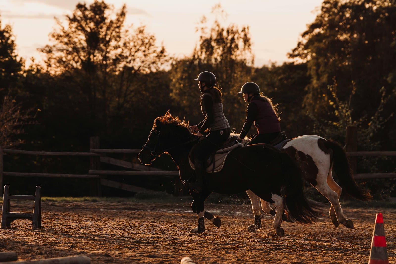 Crianças cavalgando ao entardecer com selas de tamanho reduzido